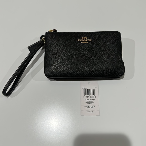 🌸NEW COACH Double Corner Zip Wristlet Black/Gold With Tags. - Picture 7 of 14